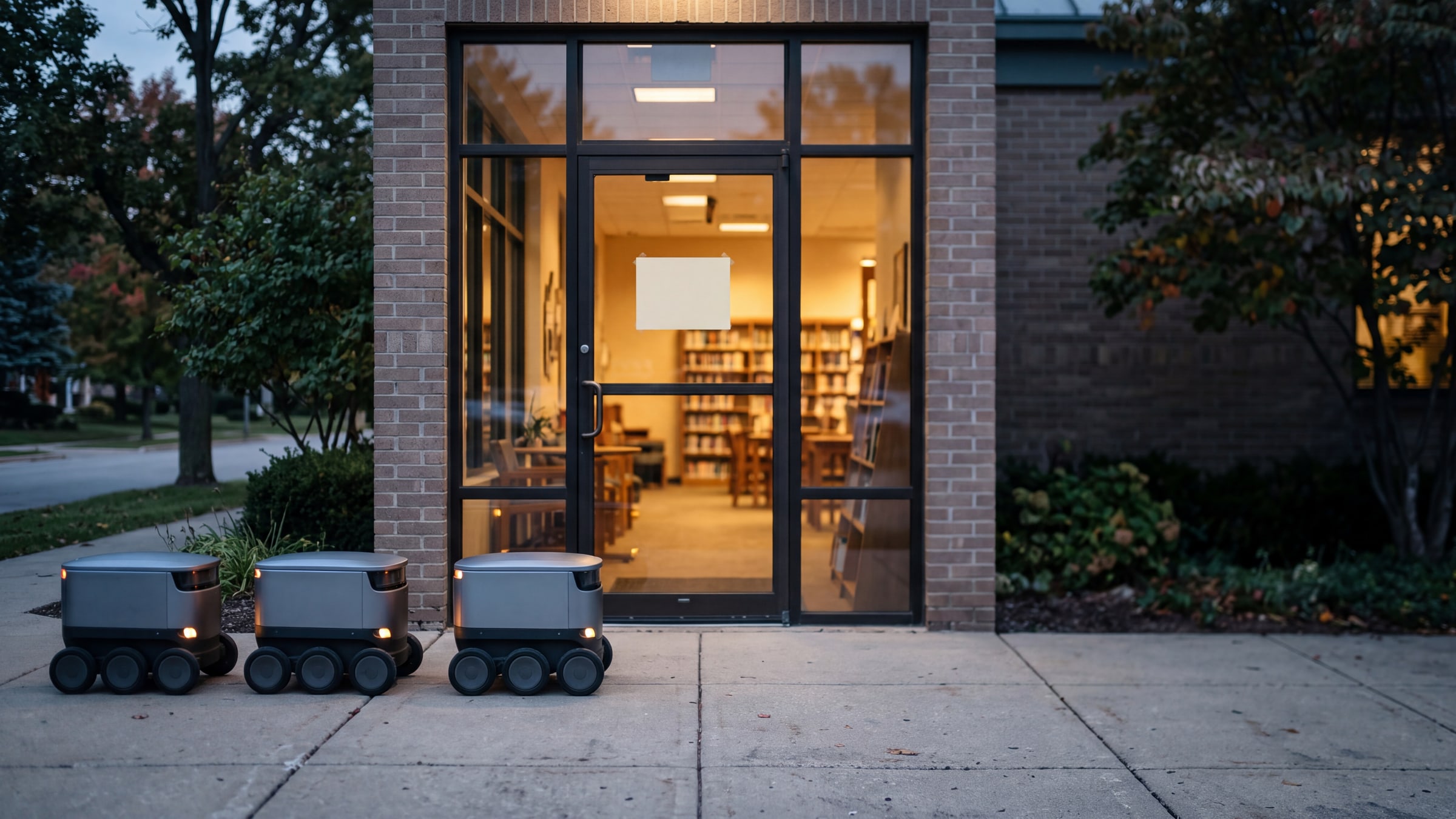 Illustration: three small delivery robots waiting on the sidewalk outside a library's glass door, a blank sign hanging on the door at dusk