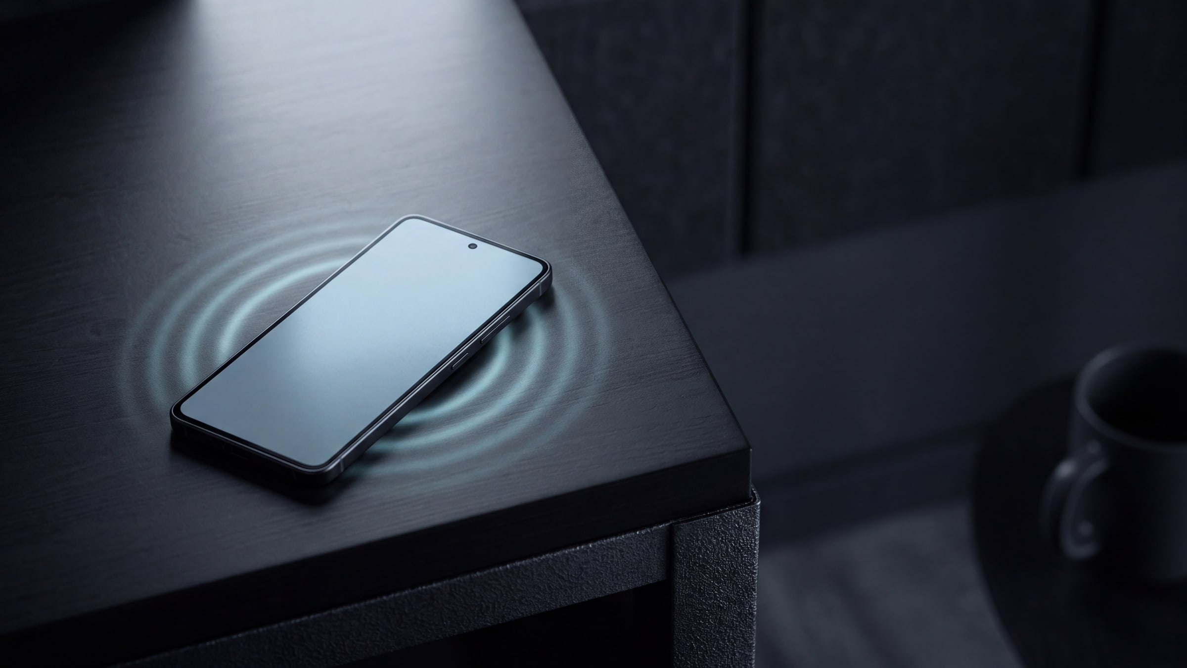 Illustration: a generic smartphone lying face up on the corner of a dark desk, its screen glowing blank, with rings of cold light rippling out around it