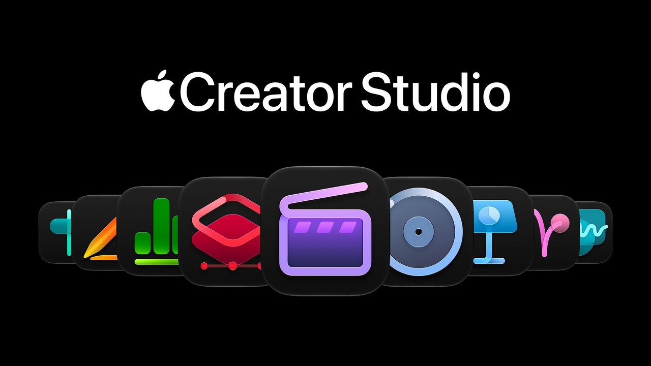 Apple Creator Studio apps, including Final Cut Pro, Logic Pro, Pixelmator Pro and Keynote, shown on a Mac, iPad and iPhone