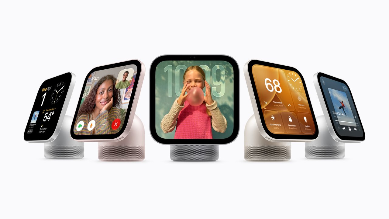 Five Apple HomeView smart displays on a white background