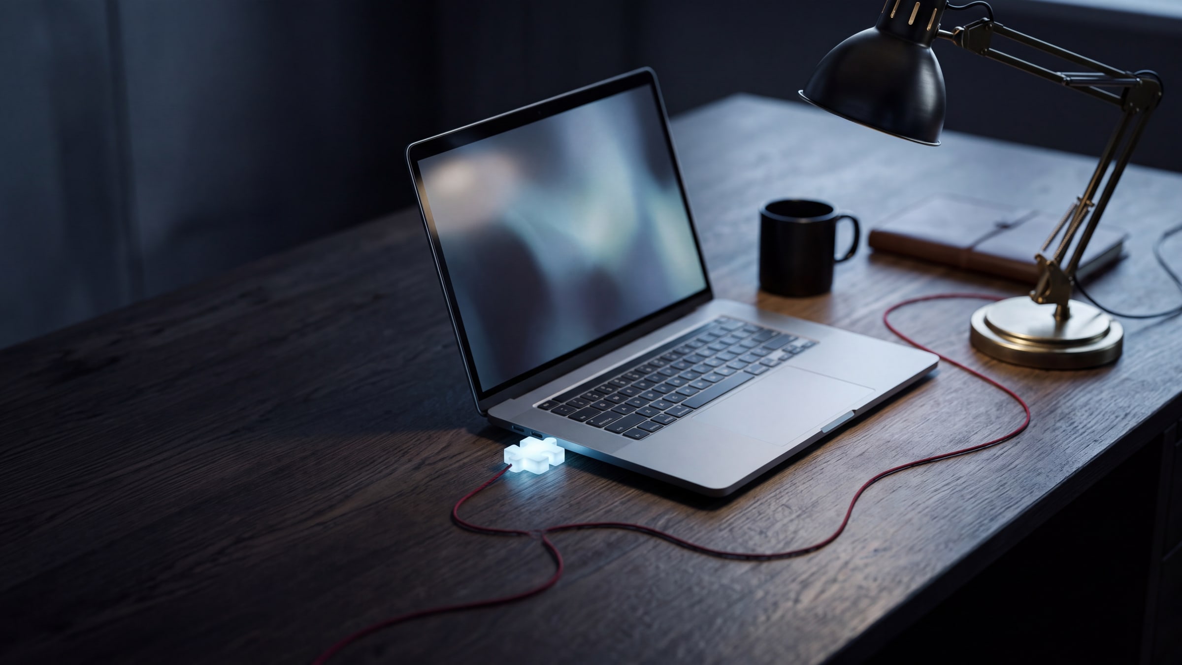 Illustration: a laptop on a dark desk at night with a small glowing puzzle piece plugged into its side and a red cord running across the desk