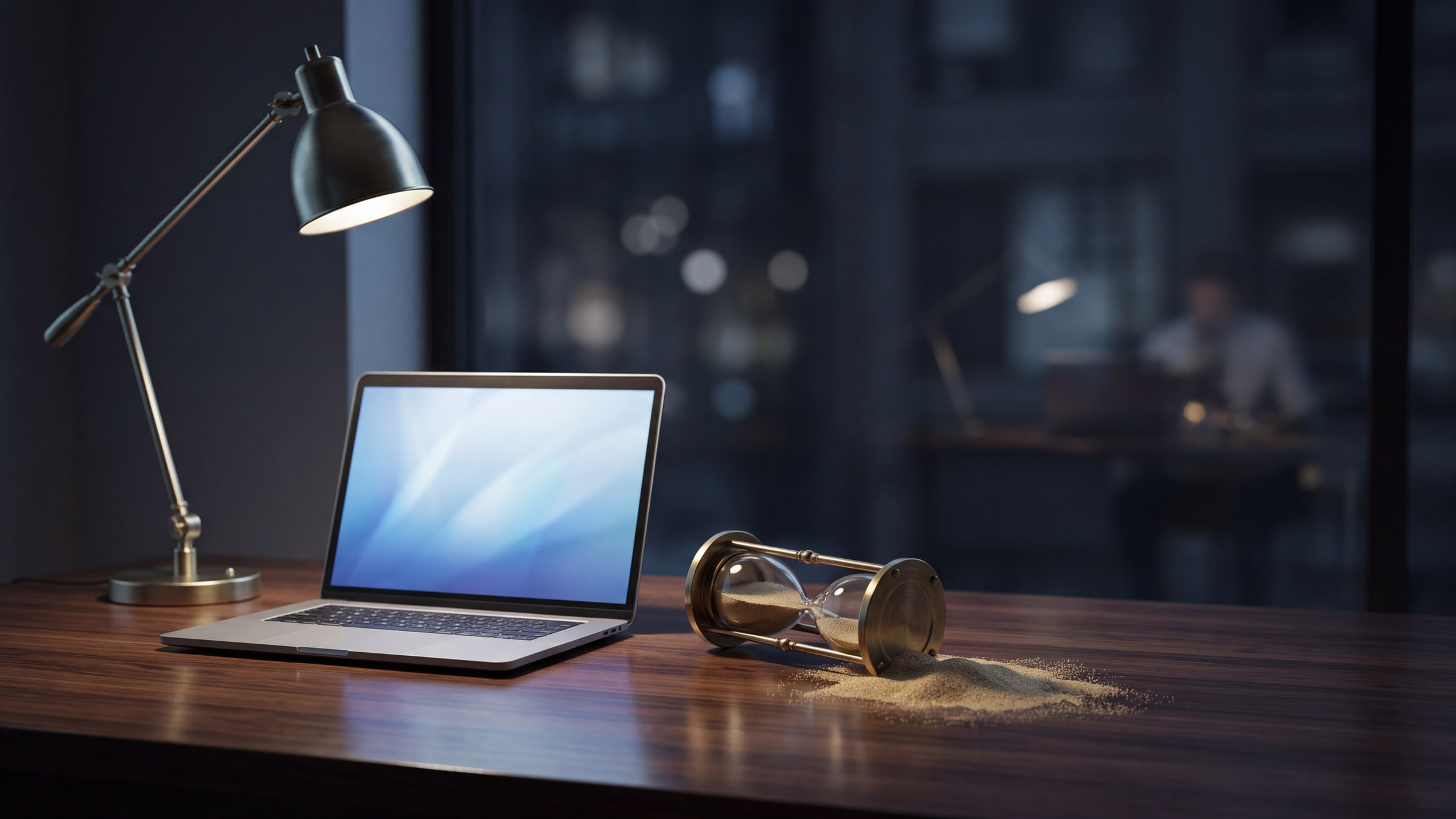 Illustration: an hourglass lying on its side on a dark desk beside an open laptop, sand spilling freely, lit by a single cool lamp
