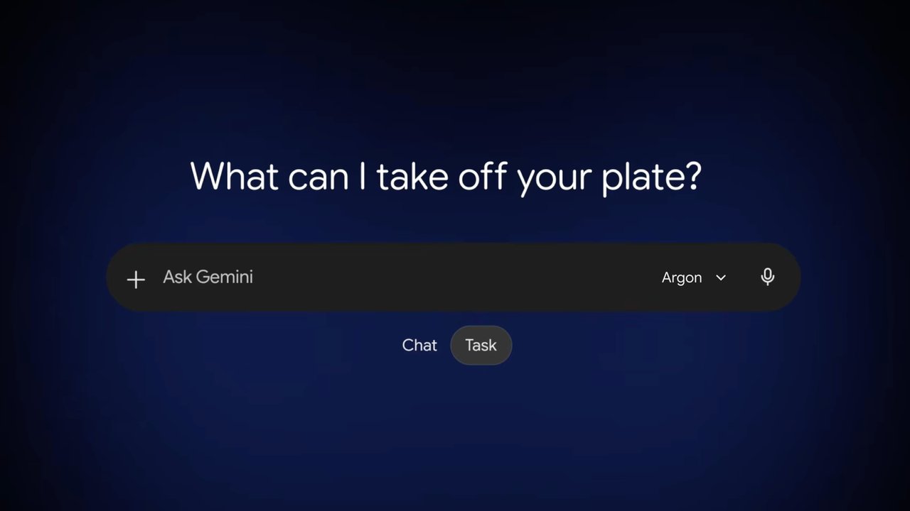 The Gemini app prompt box with Gemini Argon selected and the new Chat and Task switch