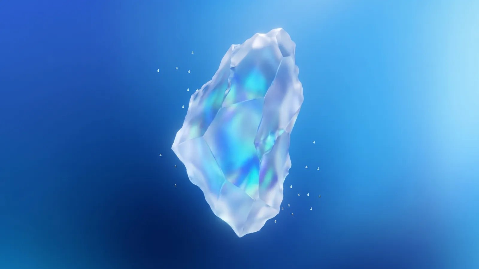 A faceted iridescent crystal surrounded by floating white number 4s, Google's Gemini 4 Carbon artwork