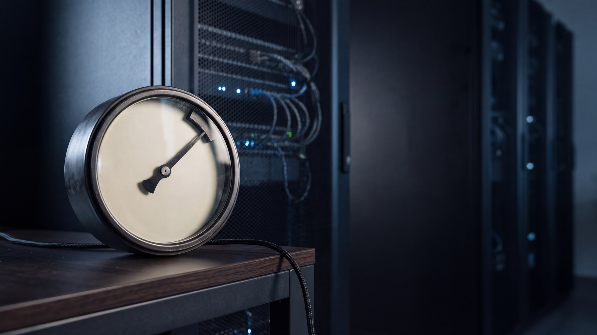 Illustration: a round analog gauge on a desk with its needle pressed against a stop bar, in front of server racks lit in cool blue