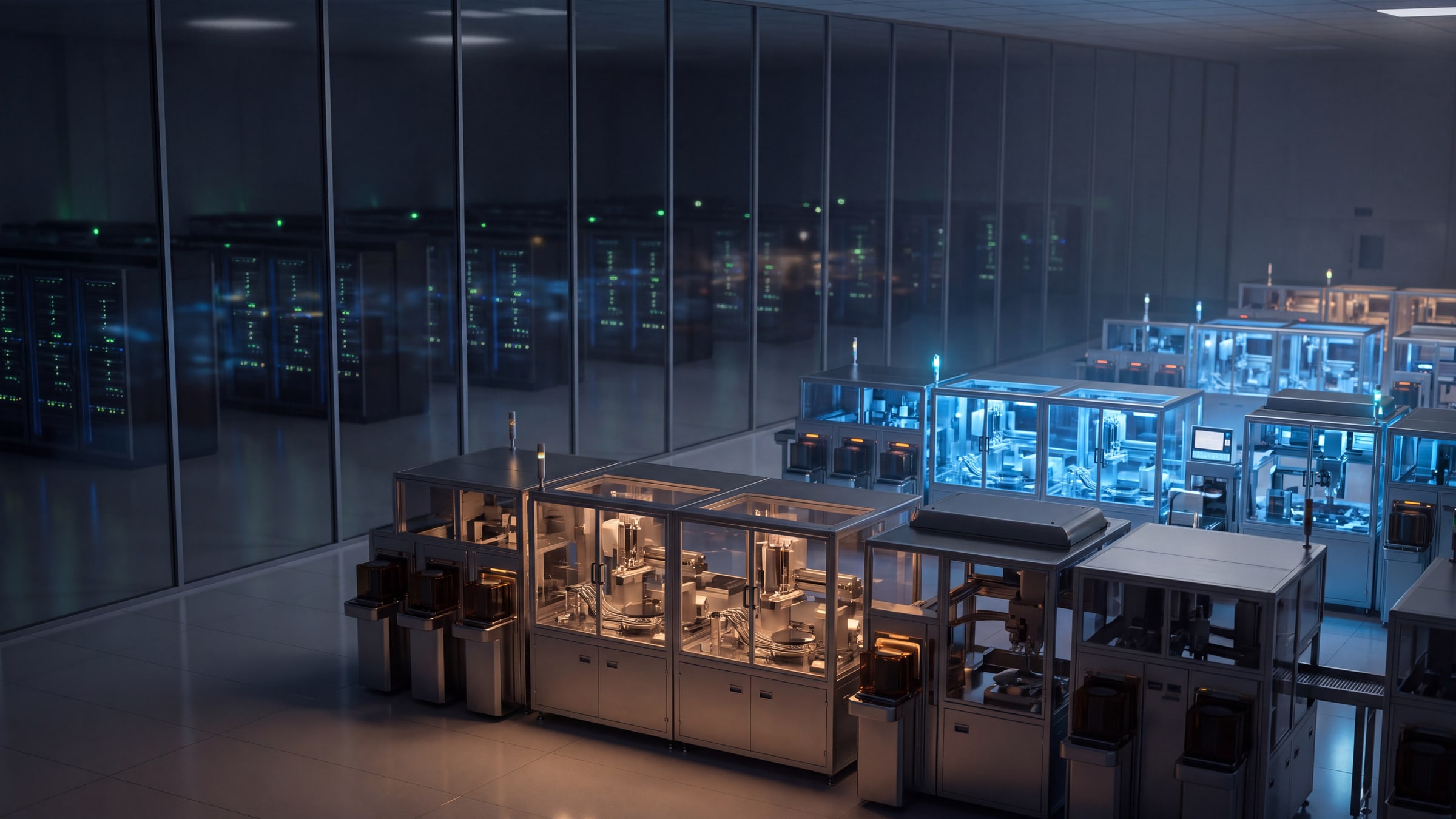 Illustration: a chip factory floor at night where one row of wafer machines is lit in warm amber and the next row is switched to cool blue, with server racks visible beyond a glass wall