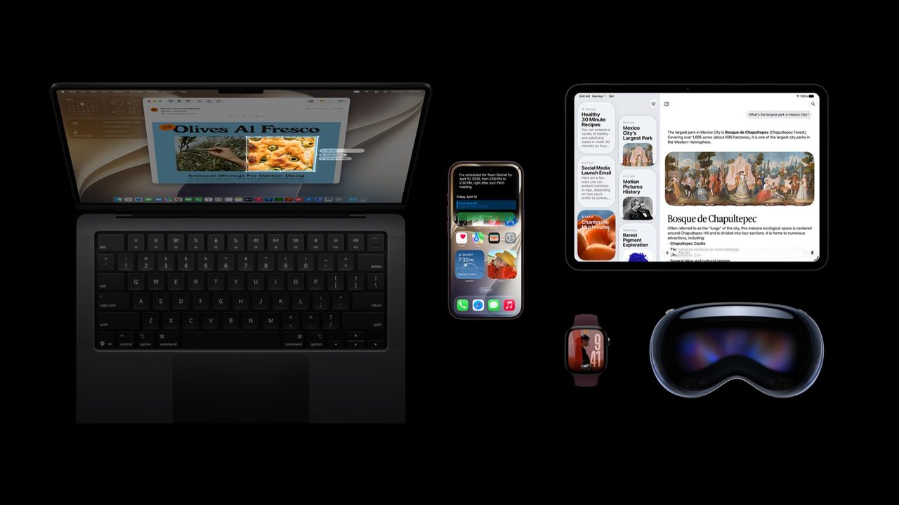 Apple's press image for the iPadOS 27 release, showing an iPad running a multi-pane layout next to a Mac, an iPhone, an Apple Watch and a Vision Pro