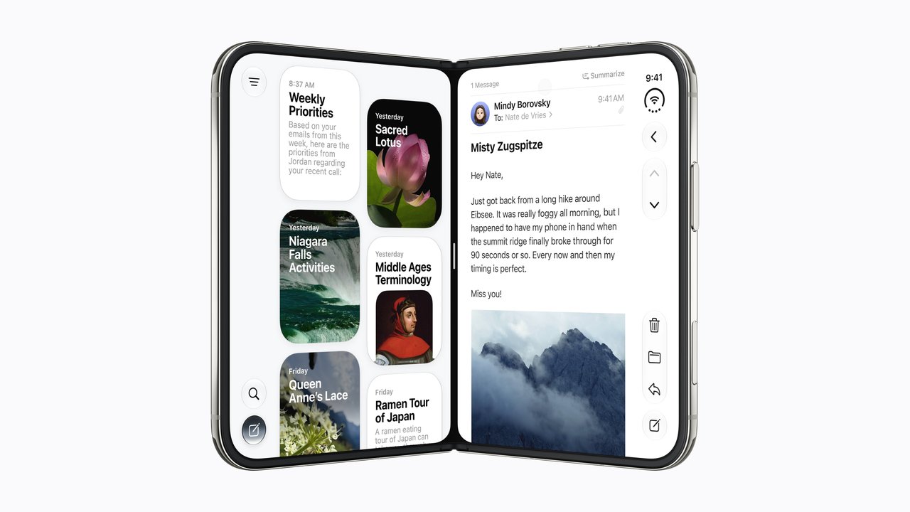 iPhone Duo open, with Mail on one half of its inner screen