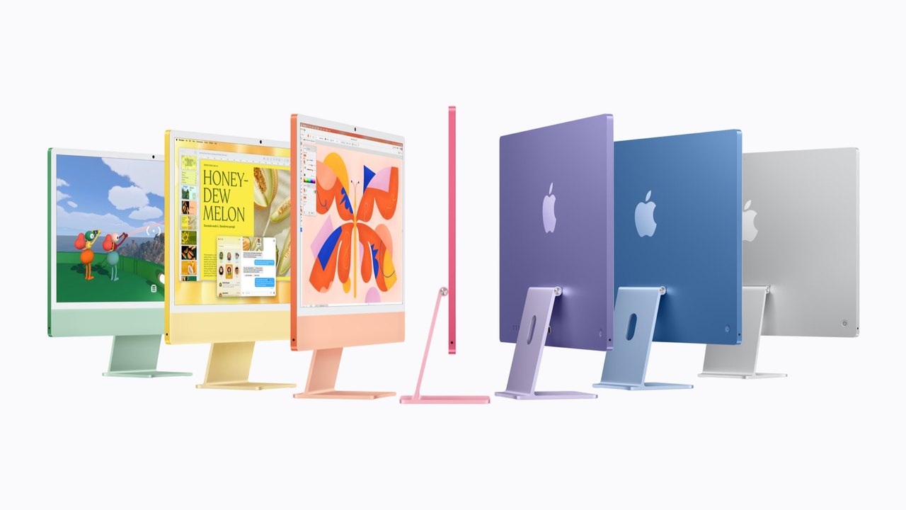 The iMac with M6 in its seven colors, standing in a row