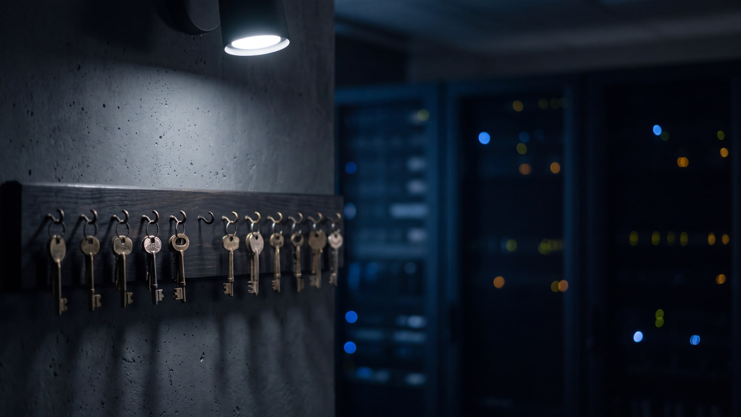 Illustration: a row of brass keys hanging on hooks beside a dark server room, one hook empty, lit by a single cold spotlight