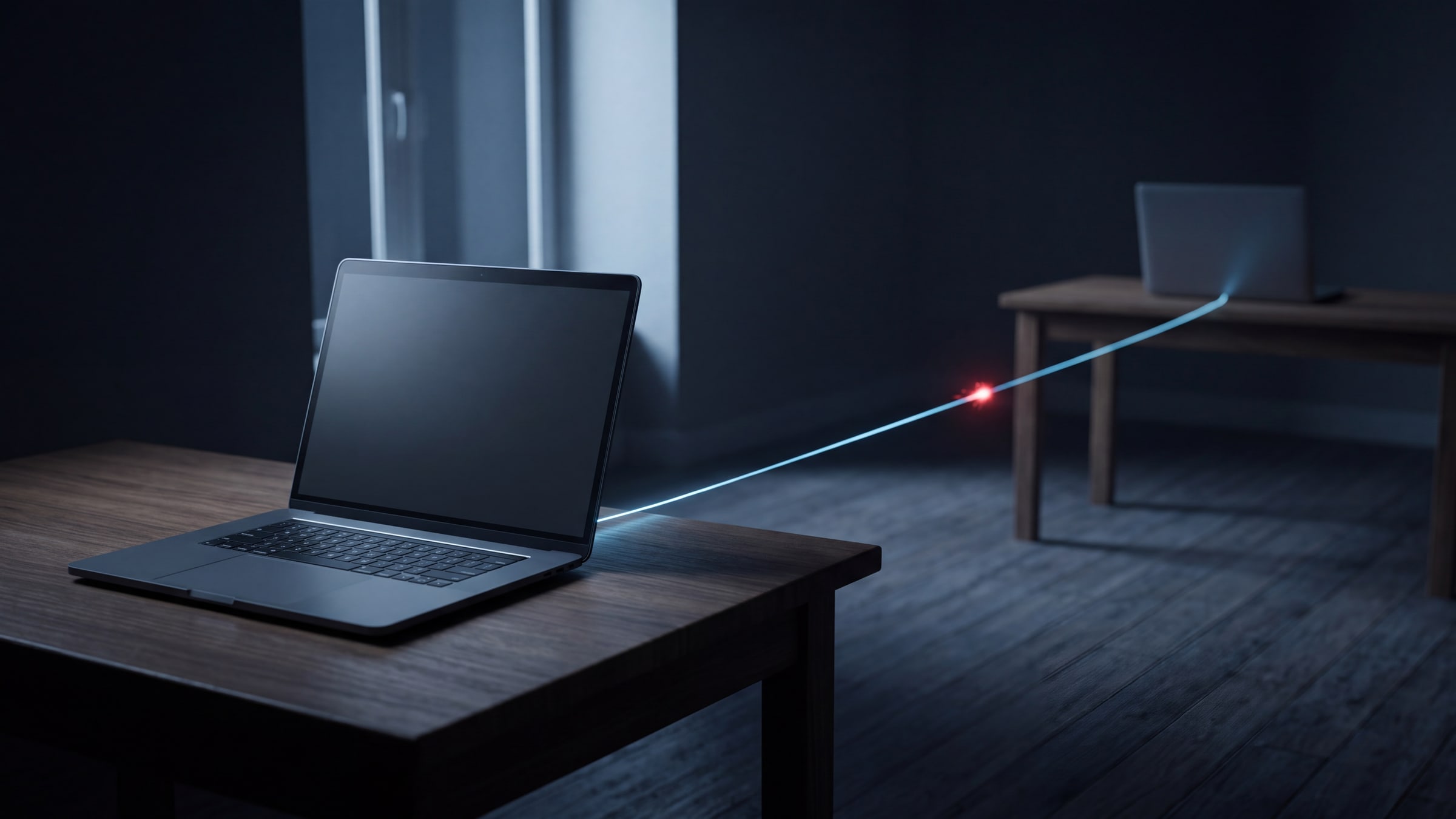 Illustration: two laptops on facing desks joined by a thin glowing line, with a small red spark travelling back toward the nearer laptop