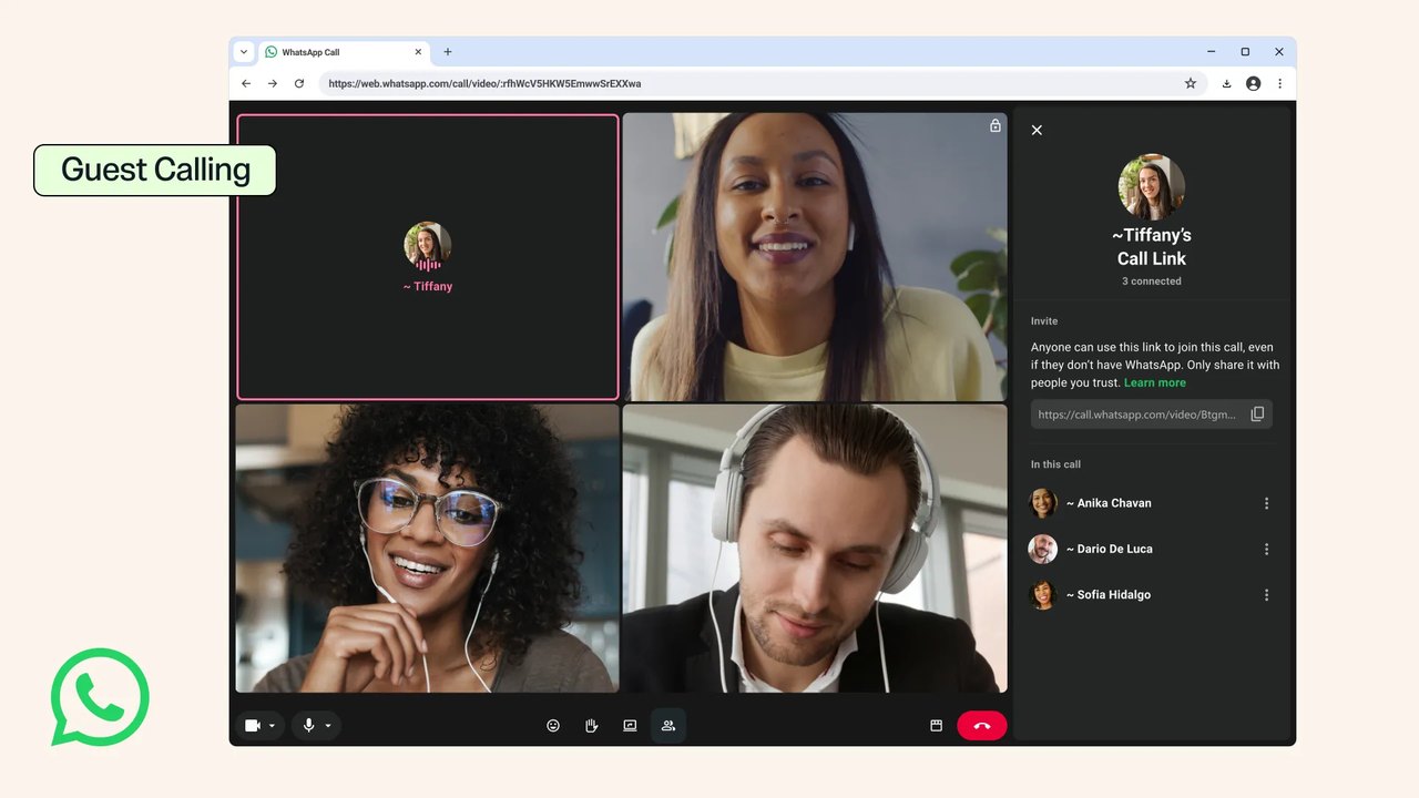 A WhatsApp video call open in a desktop browser, with the invite panel showing a call link that people without WhatsApp can use
