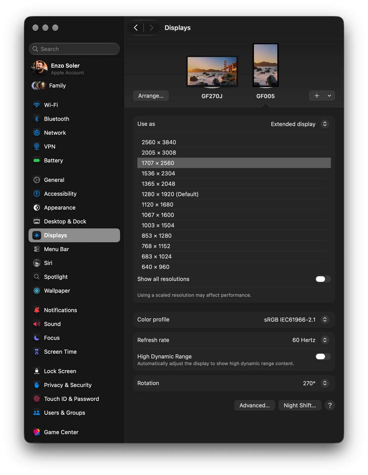 macOS display settings showing the GF005 at 2560 x 3840 in portrait