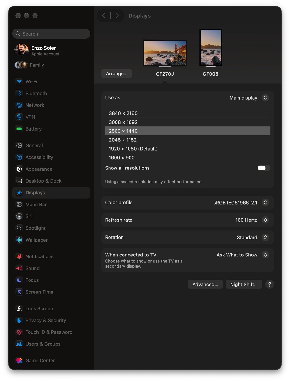 macOS display settings showing the GF270J at 160 Hertz